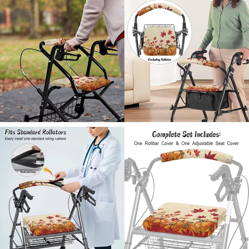 LedBack Thanksgiving Walker Accessories 3 Piece Set Rollator Walker Seat and Backrest Covers, Maple Leaf Pumpkins Storage Bags Rollator Seat Cushion Covers for Seniors - Image 4